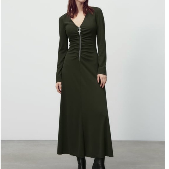 Zara Dresses & Skirts - Zara midi zipper dress khaki XS